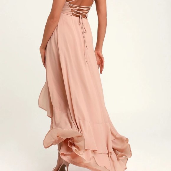 Brand New Lulus In Love Forever Light Blush Lace-Up High-Low Maxi Dress - Picture 3 of 6